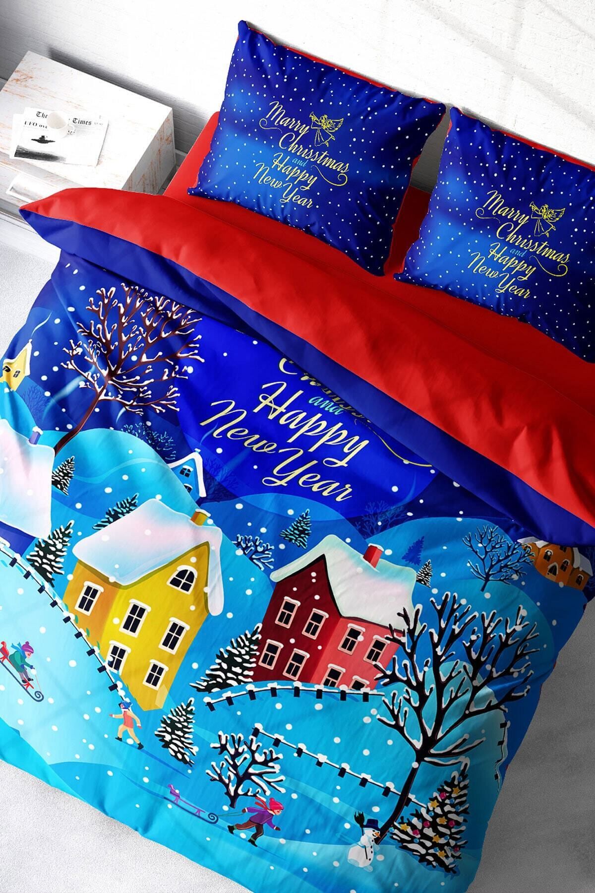 Yılbaşı Nevresim Takımı (Lastikli Çarşaflı) Çift Kişilik %100 Pamuk Saten Snow