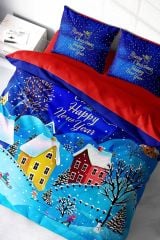 Yılbaşı Nevresim Takımı (Lastikli Çarşaflı) Çift Kişilik %100 Pamuk Saten Snow
