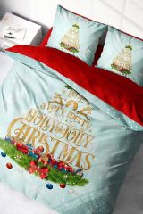 Yılbaşı Nevresim Takımı (Lastikli Çarşaflı) Çift Kişilik %100 Pamuk Saten Jolly Noel