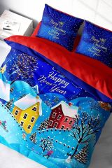 Yılbaşı Nevresim Takımı (Lastikli Çarşaflı) Çift Kişilik %100 Pamuk Saten Snow Noel