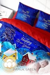 Yılbaşı Nevresim Takımı (Lastikli Çarşaflı) Çift Kişilik %100 Pamuk Saten Snow Noel