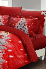 Yılbaşı Nevresim Takımı (Lastikli Çarşaflı) Çift Kişilik %100 Pamuk Saten Gift Noel