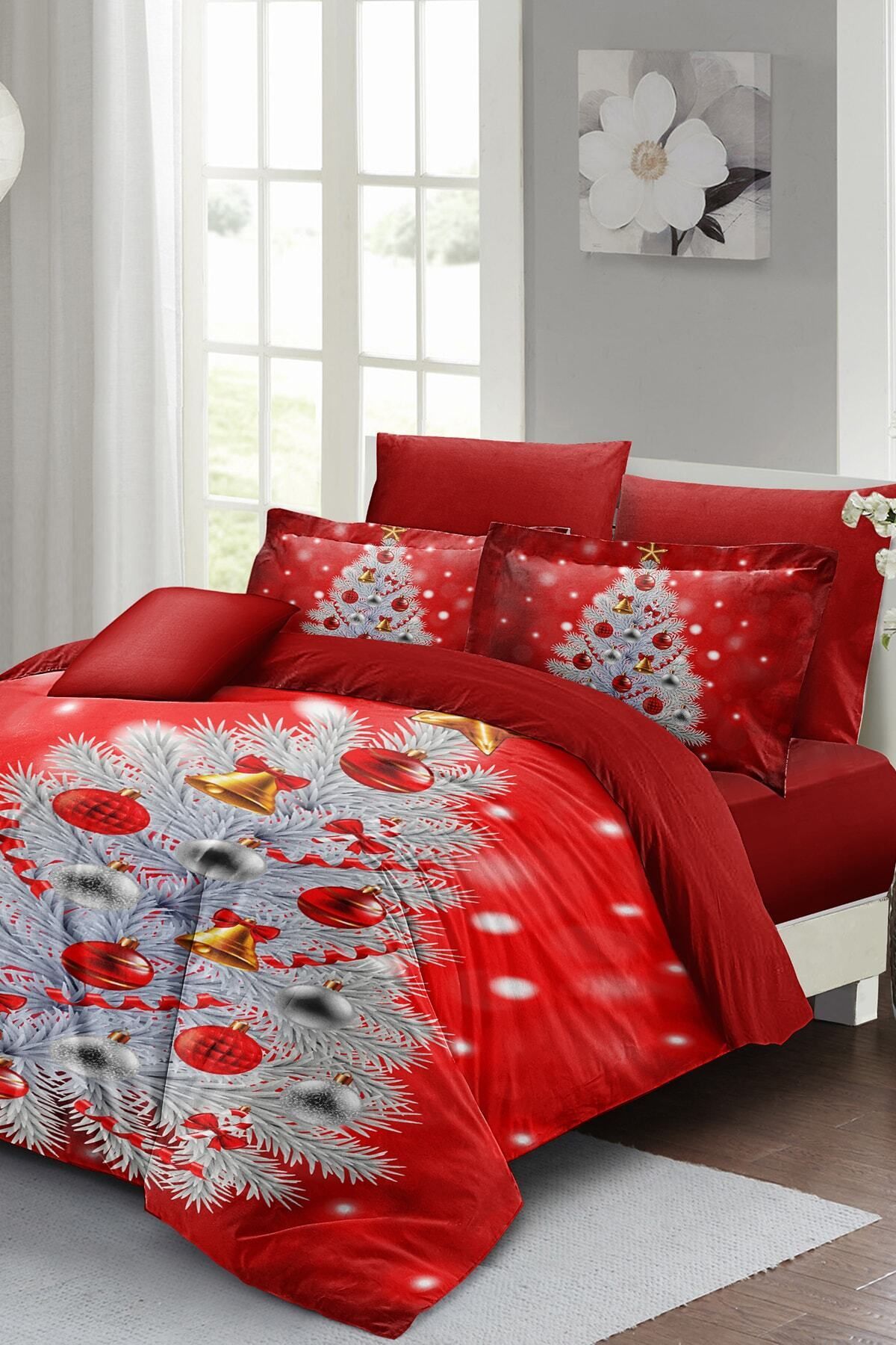 Yılbaşı Nevresim Takımı (Lastikli Çarşaflı) Çift Kişilik %100 Pamuk Saten Gift Noel