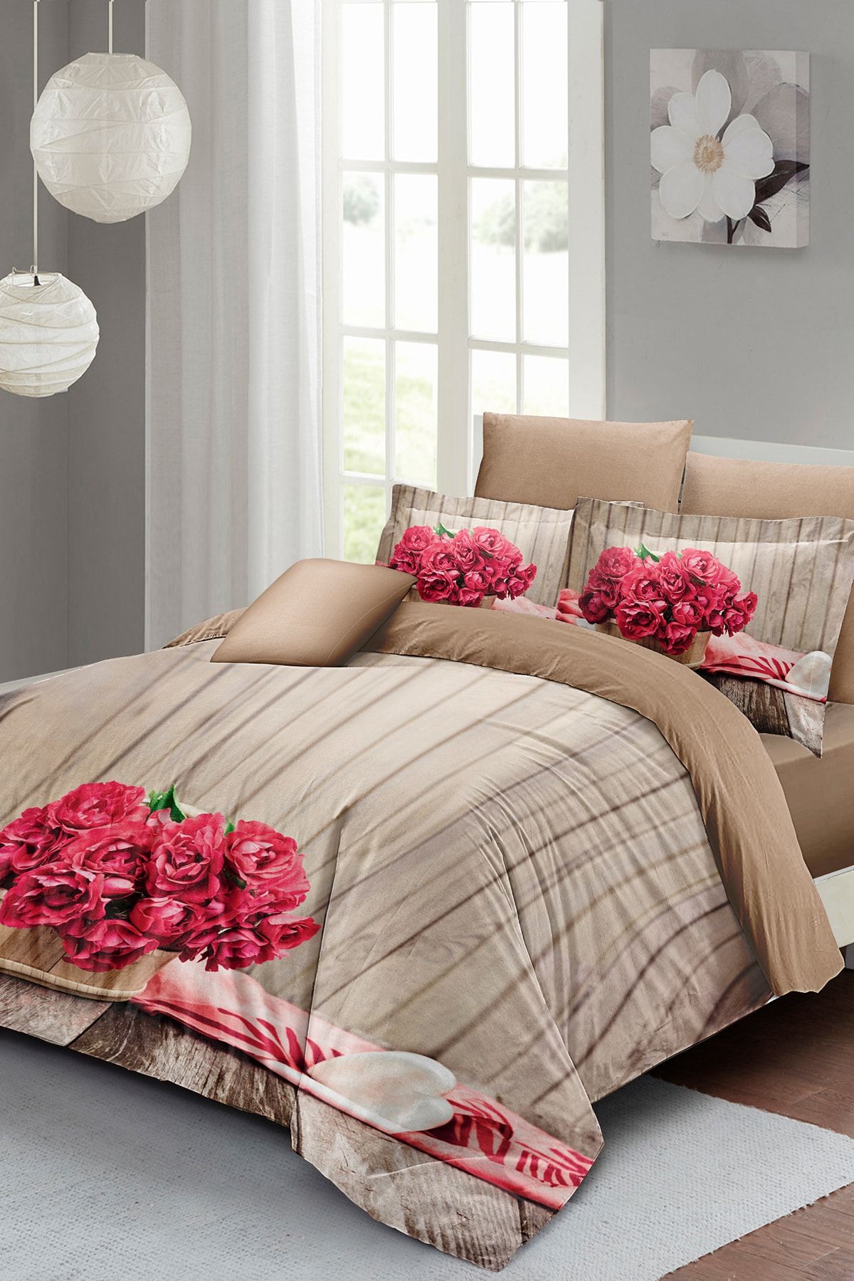 Pink Flowers Çift Kişilik Nevresim Takımı 3d Pamuk Saten