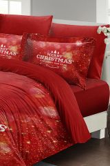 Yılbaşı Nevresim Takımı (Lastikli Çarşaflı) Çift Kişilik %100 Pamuk Saten Red Noel