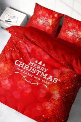 Yılbaşı Nevresim Takımı (Lastikli Çarşaflı) Çift Kişilik %100 Pamuk Saten Red Noel