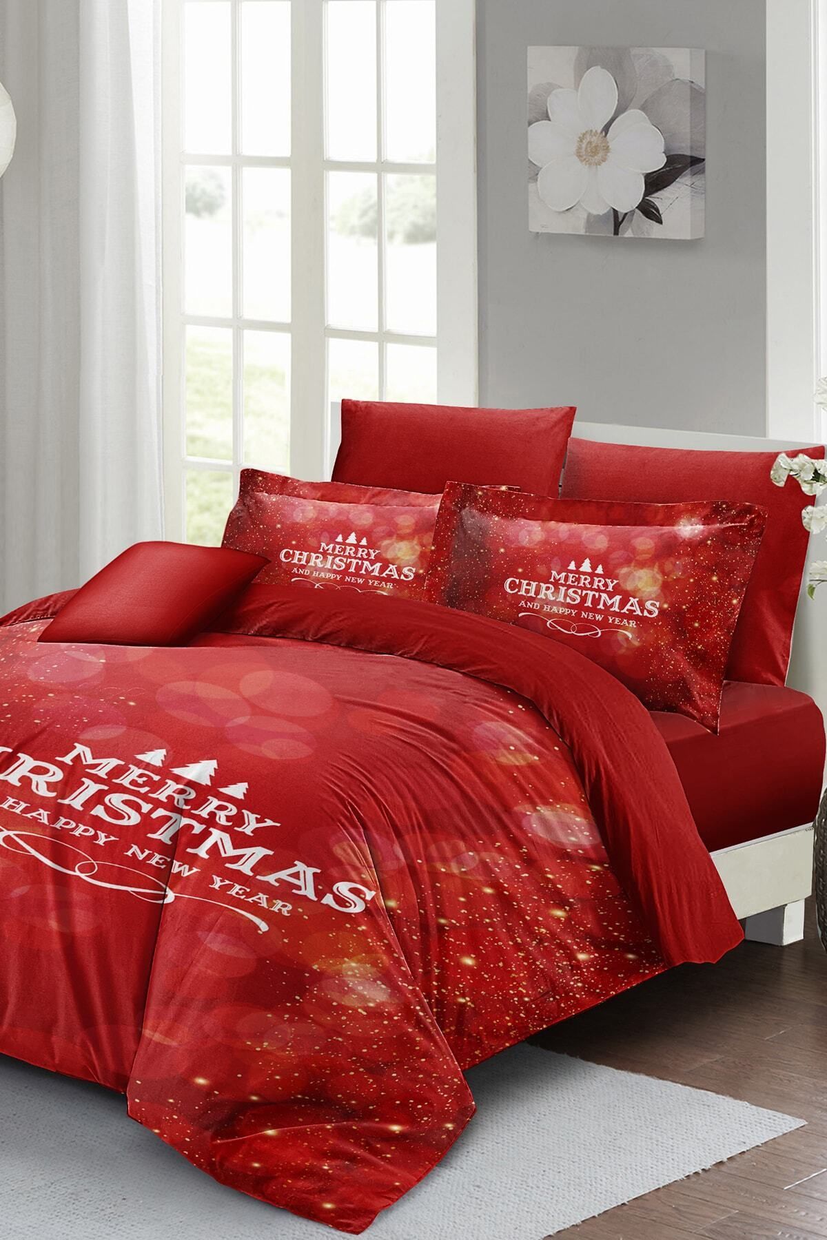 Yılbaşı Nevresim Takımı (Lastikli Çarşaflı) Çift Kişilik %100 Pamuk Saten Red Noel