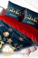 Yılbaşı Nevresim Takımı (Lastikli Çarşaflı) Çift Kişilik %100 Pamuk Saten Deer Noel