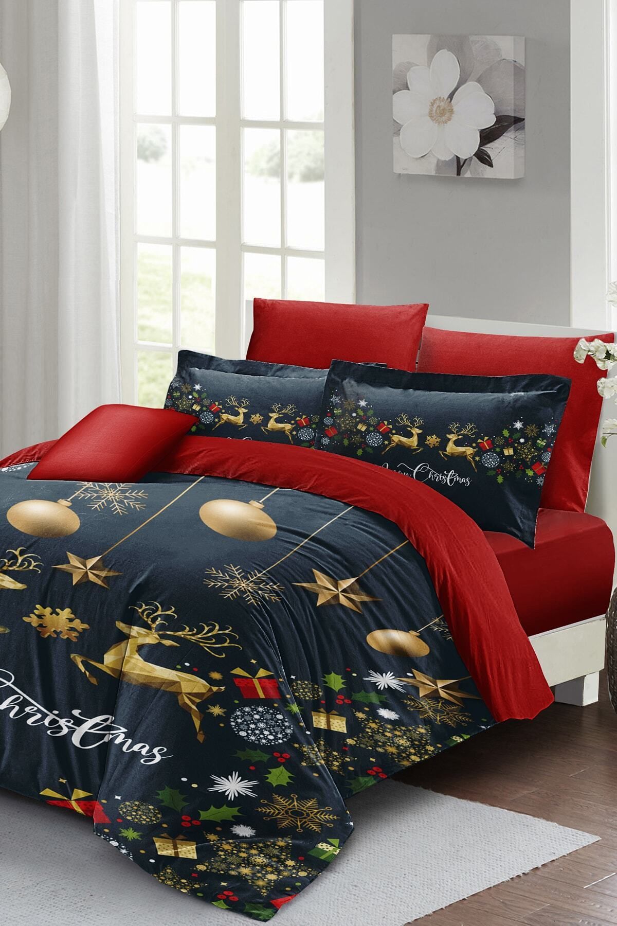 Yılbaşı Nevresim Takımı (Lastikli Çarşaflı) Çift Kişilik %100 Pamuk Saten Deer Noel