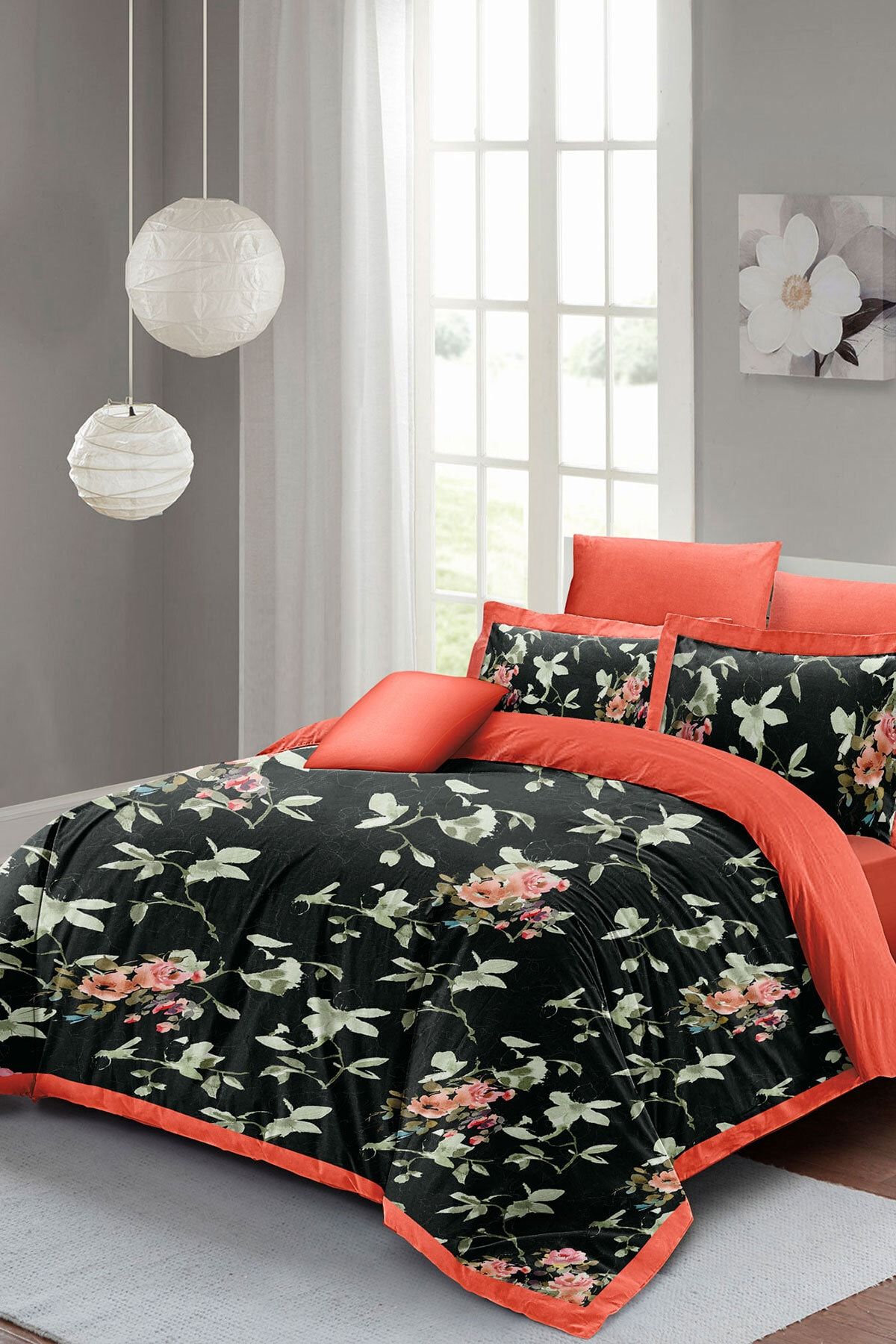 Black Somon Flower Çift Kişilik Nevresim Takımı 3d Pamuk Saten