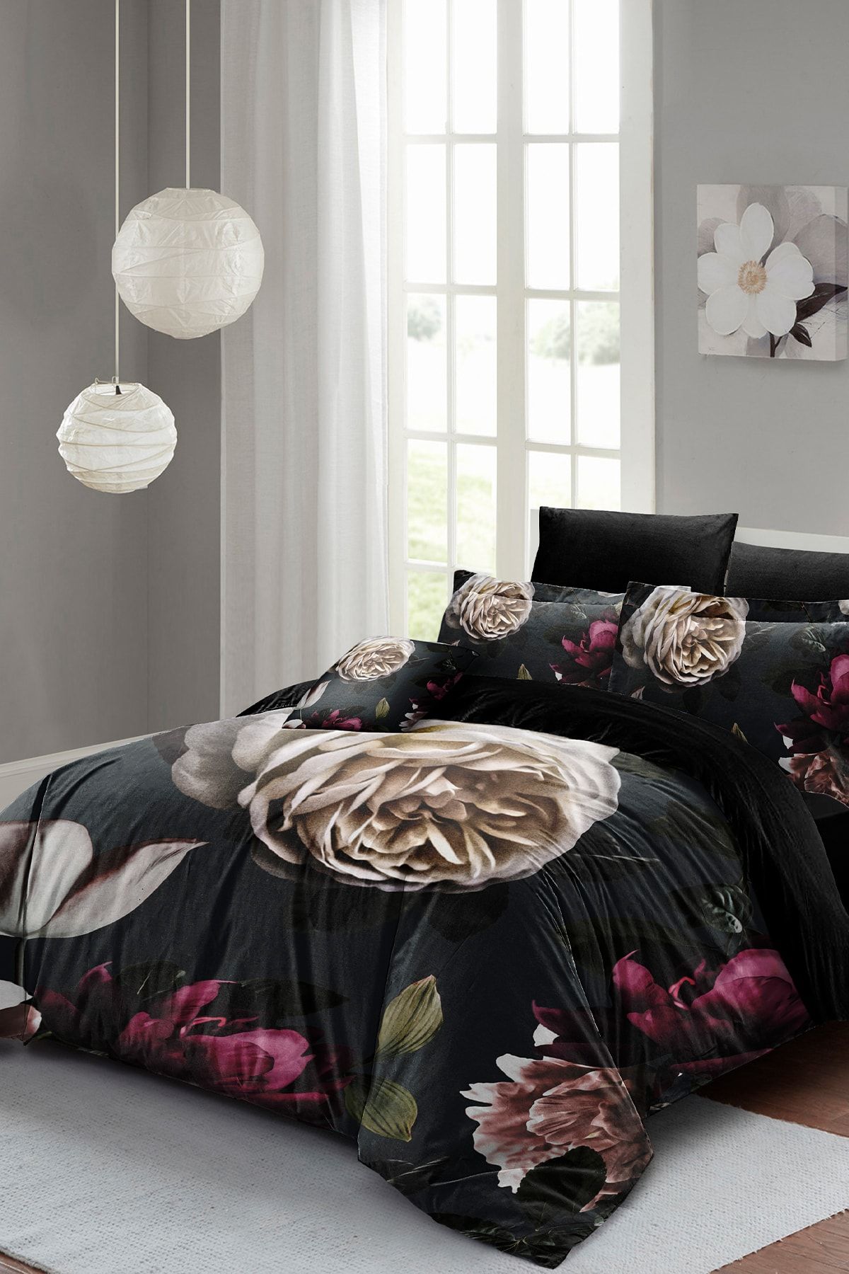 Black Flower Çift Kişilik Nevresim Takımı 3d Pamuk Saten