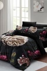 Black Flower Çift Kişilik Nevresim Takımı 3d Pamuk Saten
