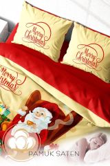 Yılbaşı Nevresim Takımı (Lastikli Çarşaflı) Çift Kişilik %100 Pamuk Saten Noel Baba