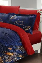 Yılbaşı Nevresim Takımı (Lastikli Çarşaflı) Çift Kişilik %100 Pamuk Saten Happy Noel