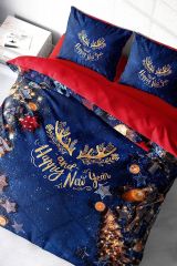 Yılbaşı Nevresim Takımı (Lastikli Çarşaflı) Çift Kişilik %100 Pamuk Saten Happy Noel