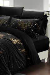 Yılbaşı Nevresim Takımı (Lastikli Çarşaflı) Çift Kişilik %100 Pamuk Saten Black Noel