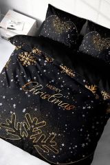 Yılbaşı Nevresim Takımı (Lastikli Çarşaflı) Çift Kişilik %100 Pamuk Saten Black Noel