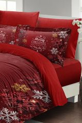 Yılbaşı Nevresim Takımı (Lastikli Çarşaflı) Çift Kişilik %100 Pamuk Saten Noel Love