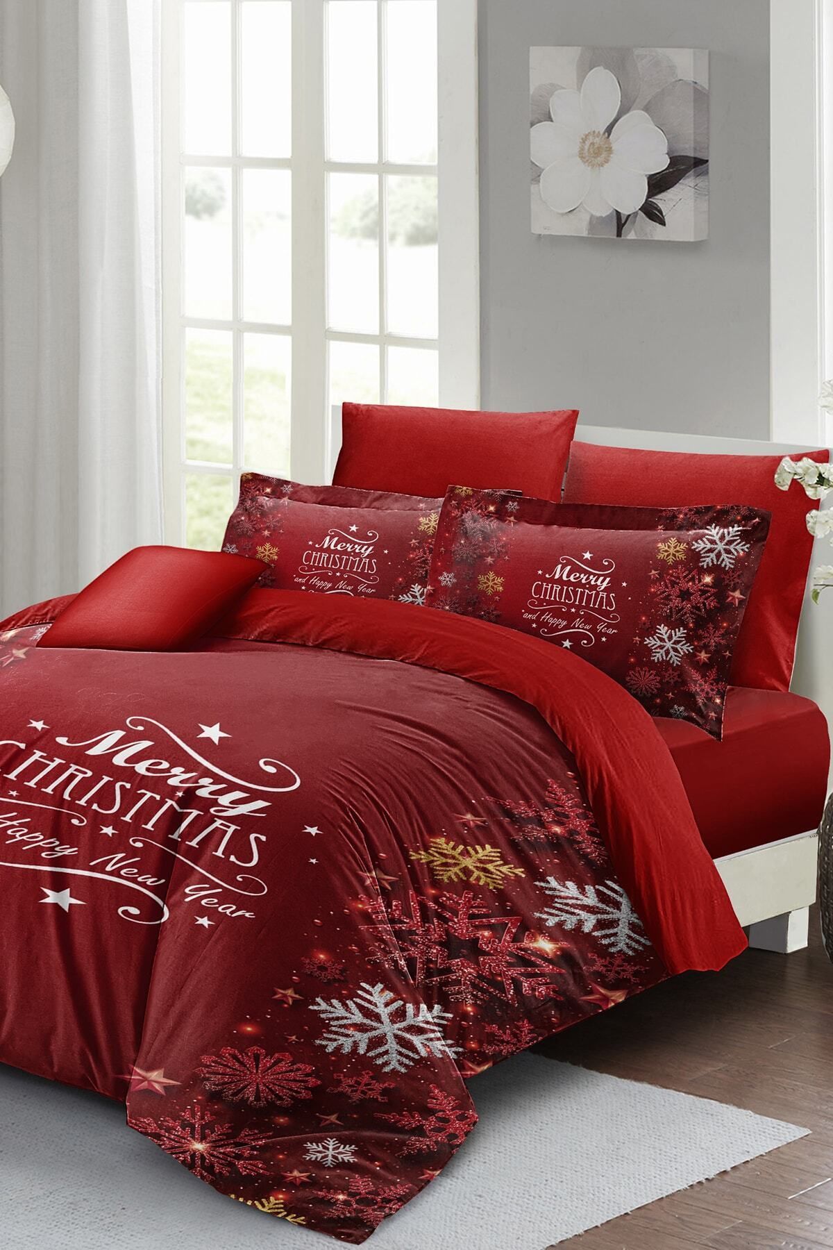 Yılbaşı Nevresim Takımı (Lastikli Çarşaflı) Çift Kişilik %100 Pamuk Saten Noel Love