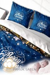 Yılbaşı Nevresim Takımı (Lastikli Çarşaflı) Çift Kişilik %100 Pamuk Saten Blue Stars