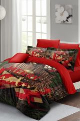 Yılbaşı Nevresim Takımı (Lastikli Çarşaflı) Çift Kişilik %100 Pamuk Saten Red-Gift