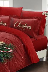 Yılbaşı Nevresim Takımı (Lastikli Çarşaflı) Çift Kişilik %100 Pamuk Saten Christmas