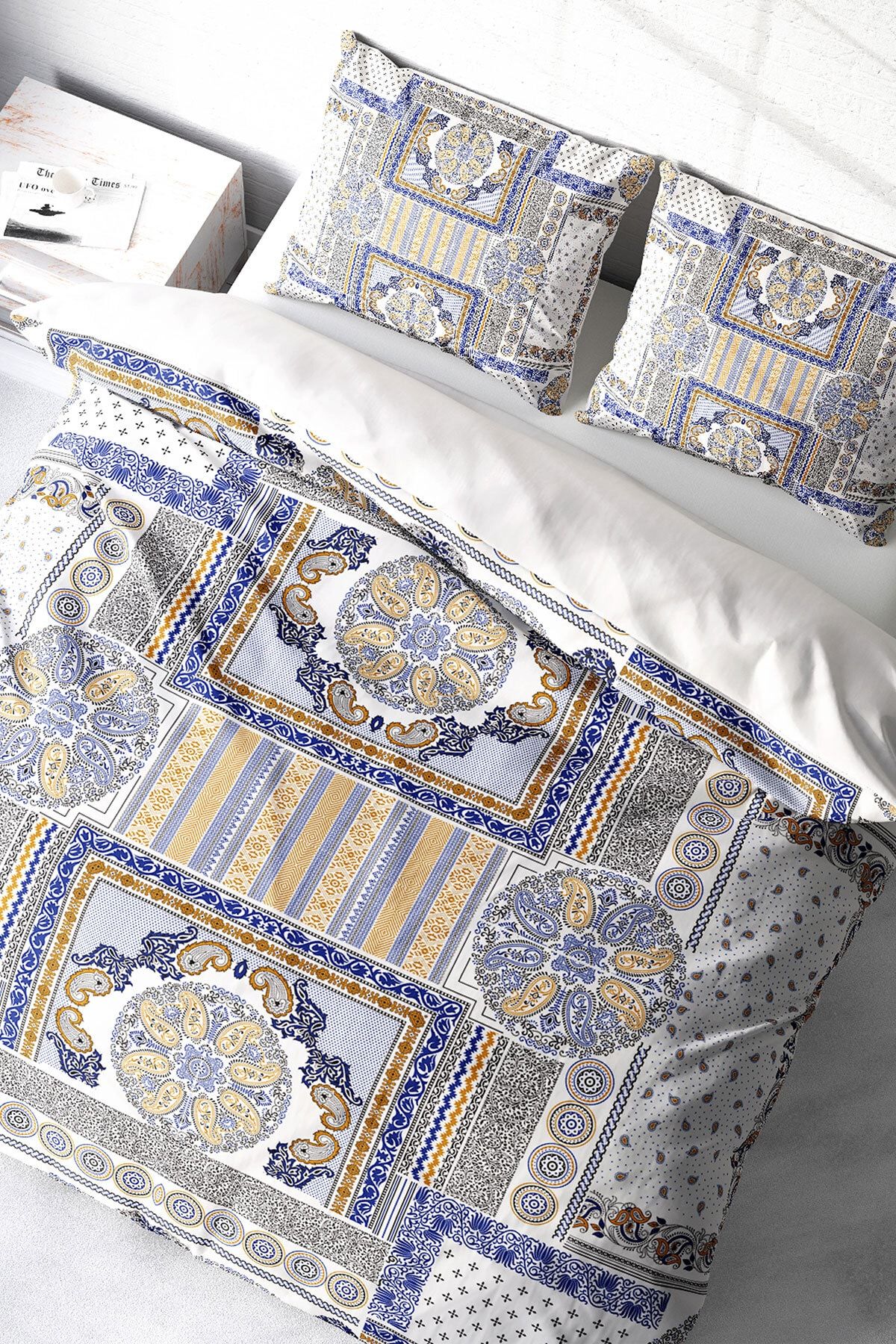 Blue Patchwork 3d Pamuk Saten Çift Kişilik Nevresim Takımı