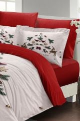 Yılbaşı Nevresim Takımı (Lastikli Çarşaflı) Çift Kişilik %100 Pamuk Saten White Noel