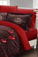 Yılbaşı Nevresim Takımı (Lastikli Çarşaflı) Çift Kişilik %100 Pamuk Saten Red Ball