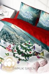 Yılbaşı Nevresim Takımı (Lastikli Çarşaflı) Çift Kişilik %100 Pamuk Saten Snow House
