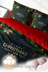 Yılbaşı Nevresim Takımı (Lastikli Çarşaflı) Çift Kişilik %100 Pamuk Saten Blue Noel