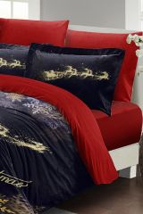 Yılbaşı Nevresim Takımı (Lastikli Çarşaflı) Çift Kişilik %100 Pamuk Saten Gold Noel