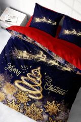 Yılbaşı Nevresim Takımı (Lastikli Çarşaflı) Çift Kişilik %100 Pamuk Saten Gold Noel