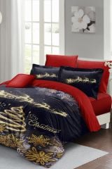 Yılbaşı Nevresim Takımı (Lastikli Çarşaflı) Çift Kişilik %100 Pamuk Saten Gold Noel