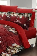Yılbaşı Nevresim Takımı (Lastikli Çarşaflı) Çift Kişilik %100 Pamuk Saten Stars Noel
