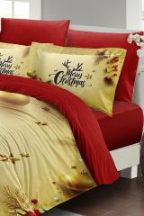 Yılbaşı Nevresim Takımı (Lastikli Çarşaflı) Çift Kişilik %100 Pamuk Saten Yellow Noel