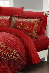 Yılbaşı Nevresim Takımı (Lastikli Çarşaflı) Çift Kişilik %100 Pamuk Saten Red Christmas