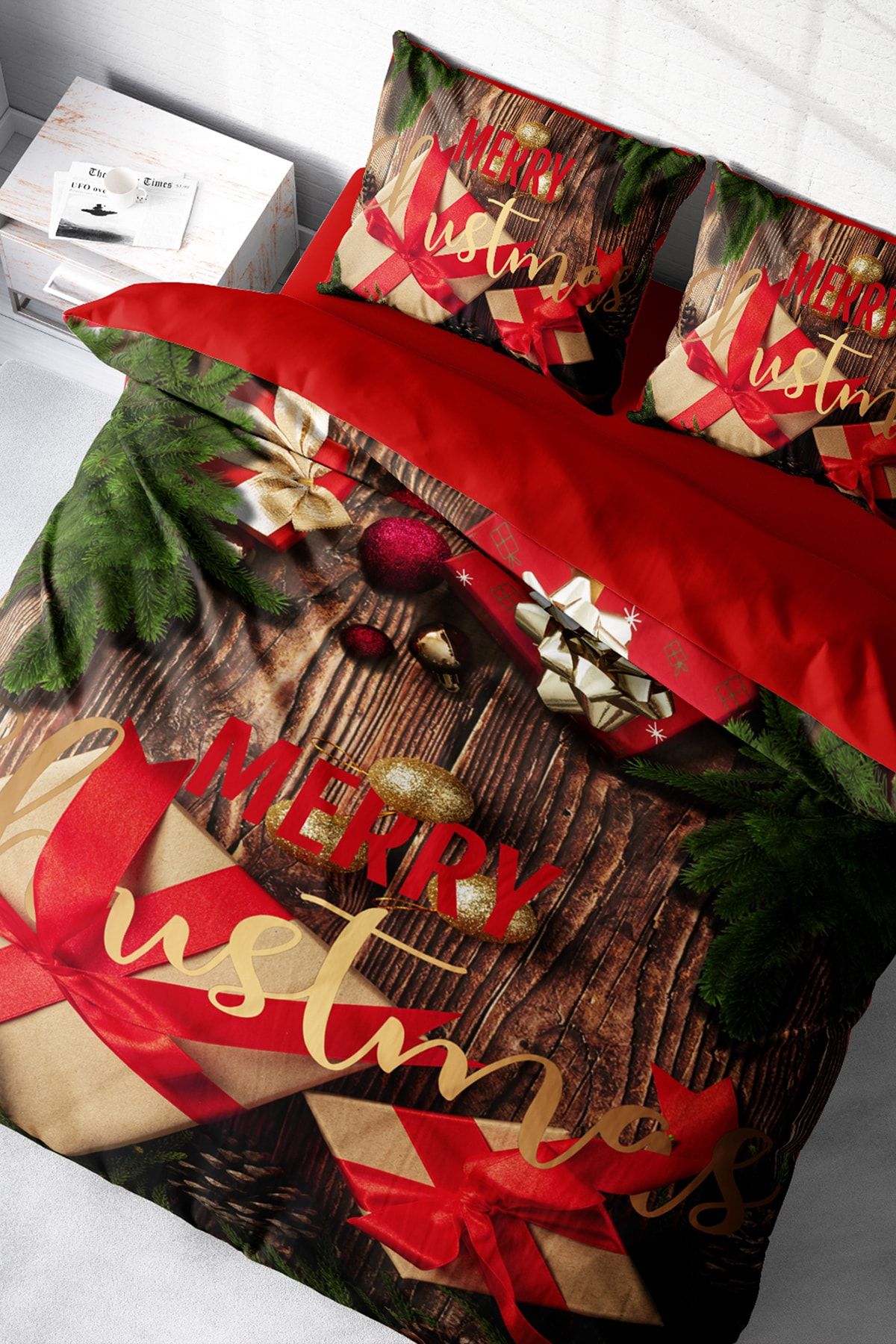 Yılbaşı Merry Christmas Çift Kişilik 3d Nevresim Takımı Pamuk Saten Gift