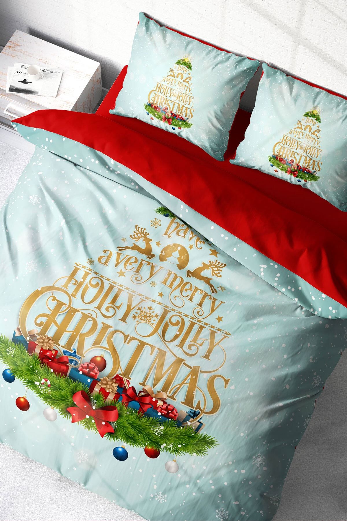 Yılbaşı Süsü Merry Christmas Çift Kişilik 3d Nevresim Takımı Pamuk Saten