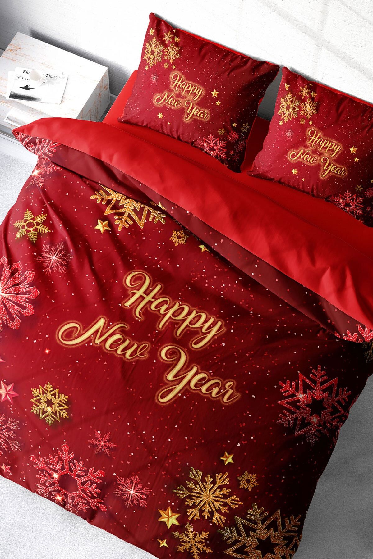 Yılbaşı Süsü Merry Christmas Çift Kişilik 3D Nevresim Takımı Pamuk Saten Kar Kristalleri