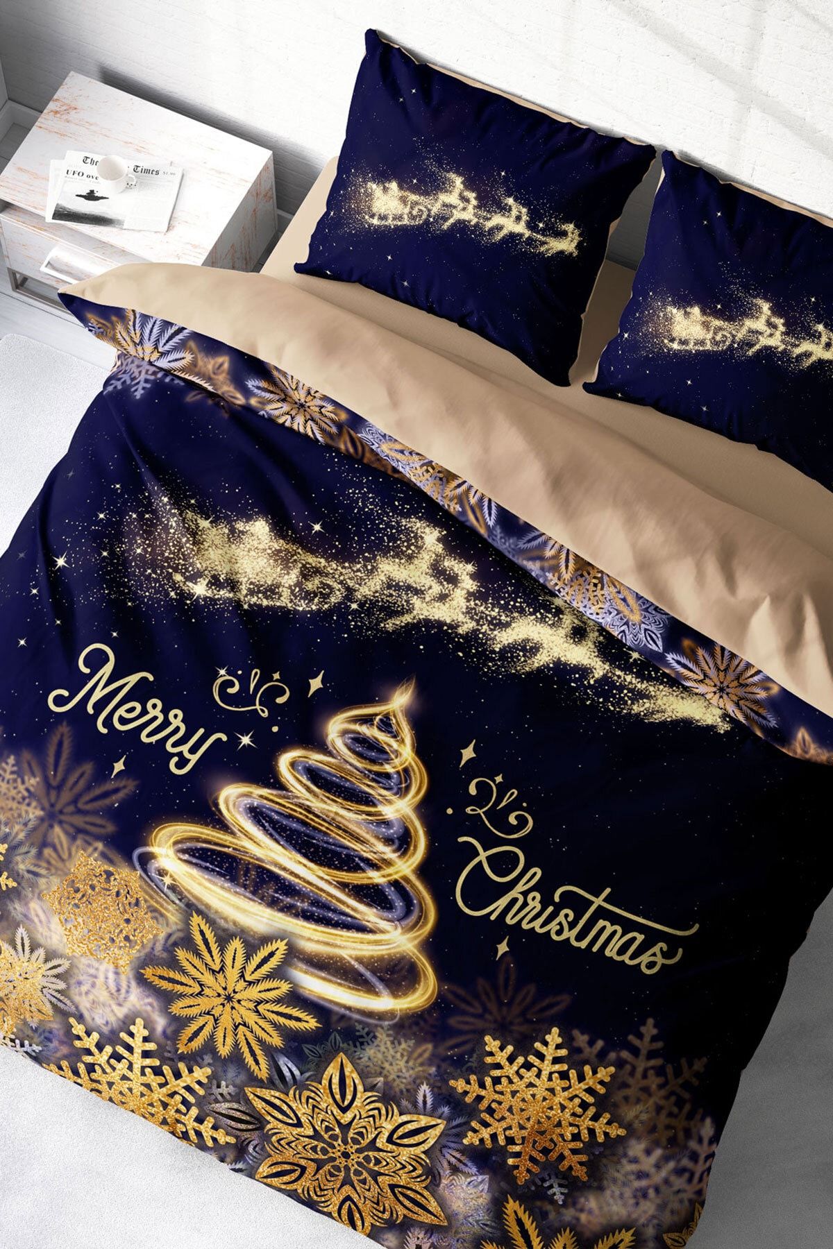 Yılbaşı Süsü Merry Christmas Çift Kişilik 3D Nevresim Takımı Pamuk