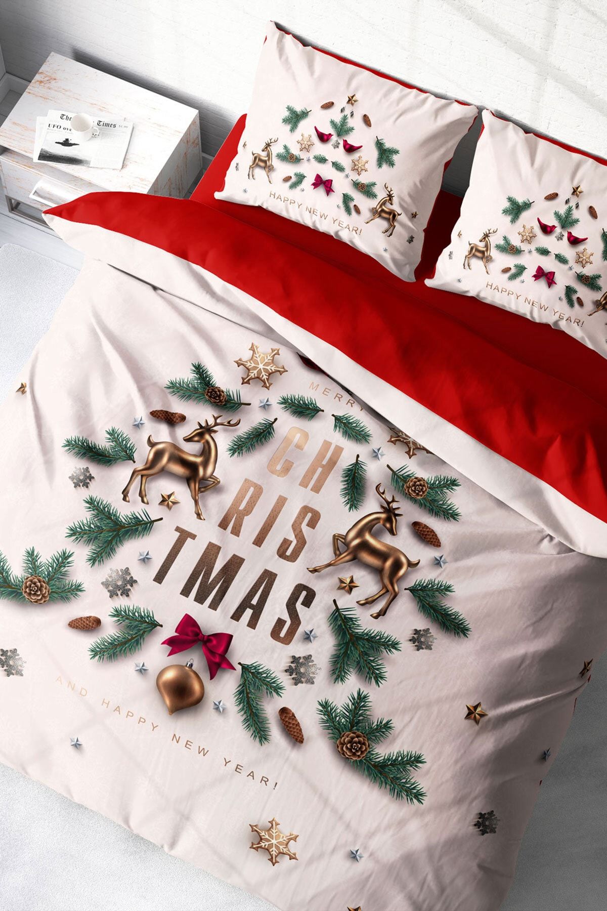 Yılbaşı Süsü Merry Christmas Çift Kişilik 3D Nevresim Takımı Pamuk