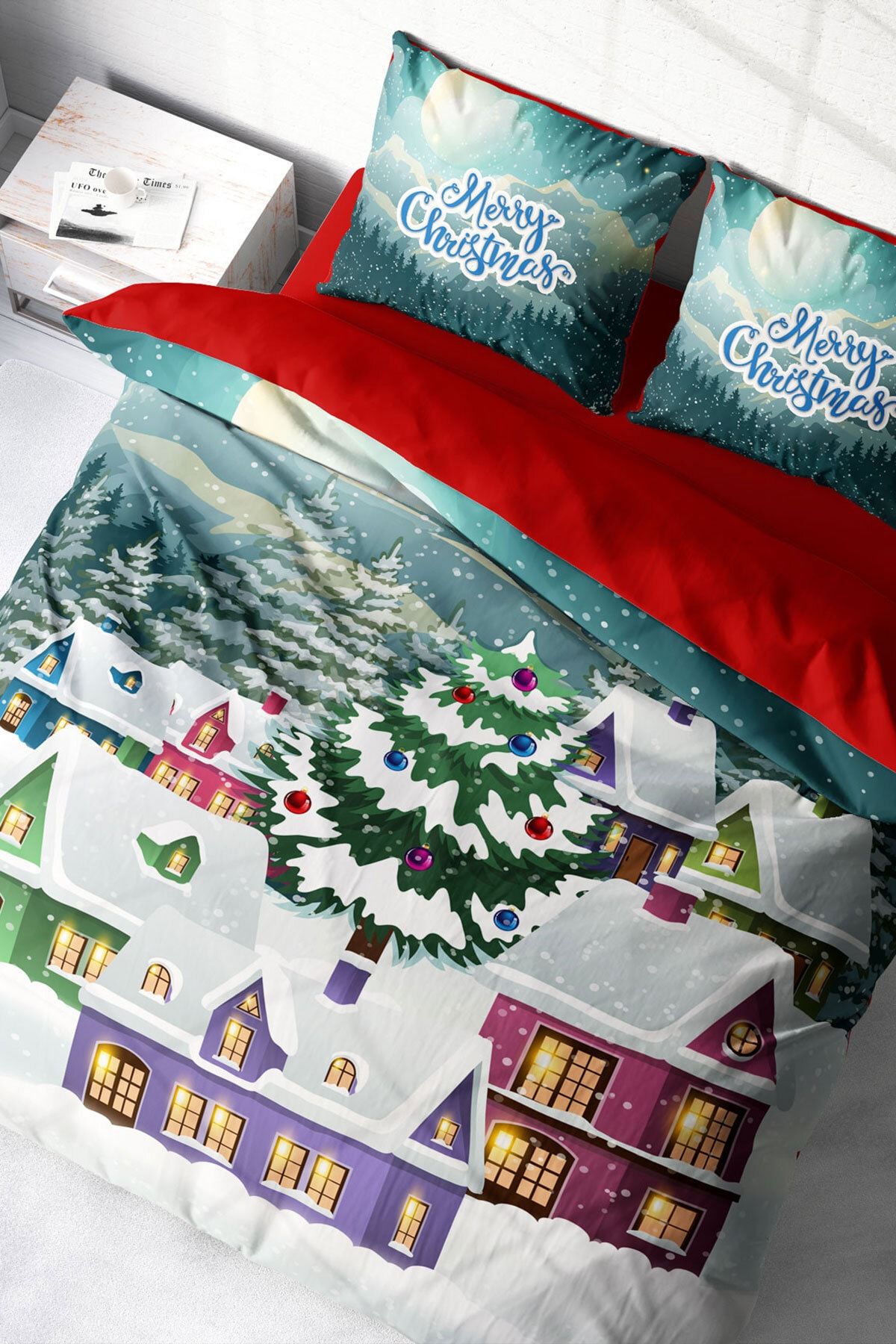 Yılbaşı Süsü Merry Christmas Çift Kişilik 3D Nevresim Takımı Pamuk