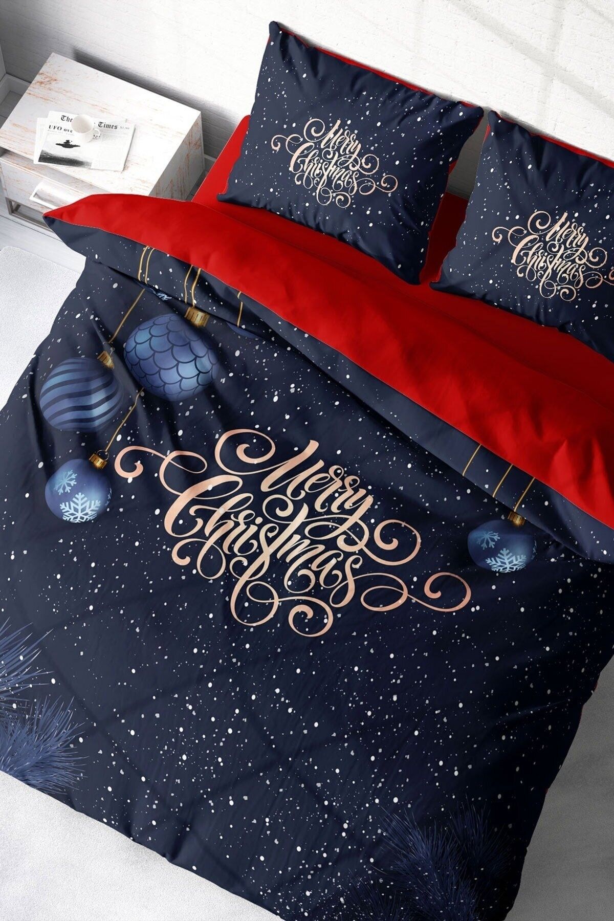 Yılbaşı Süsü Merry Christmas Çift Kişilik 3D Nevresim Takımı Pamuk