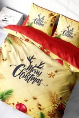 Yılbaşı Süsü Merry Christmas Çift Kişilik 3D Nevresim Takımı Pamuk Saten Yellow