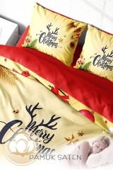 Yılbaşı Süsü Merry Christmas Çift Kişilik 3D Nevresim Takımı Pamuk Saten Yellow