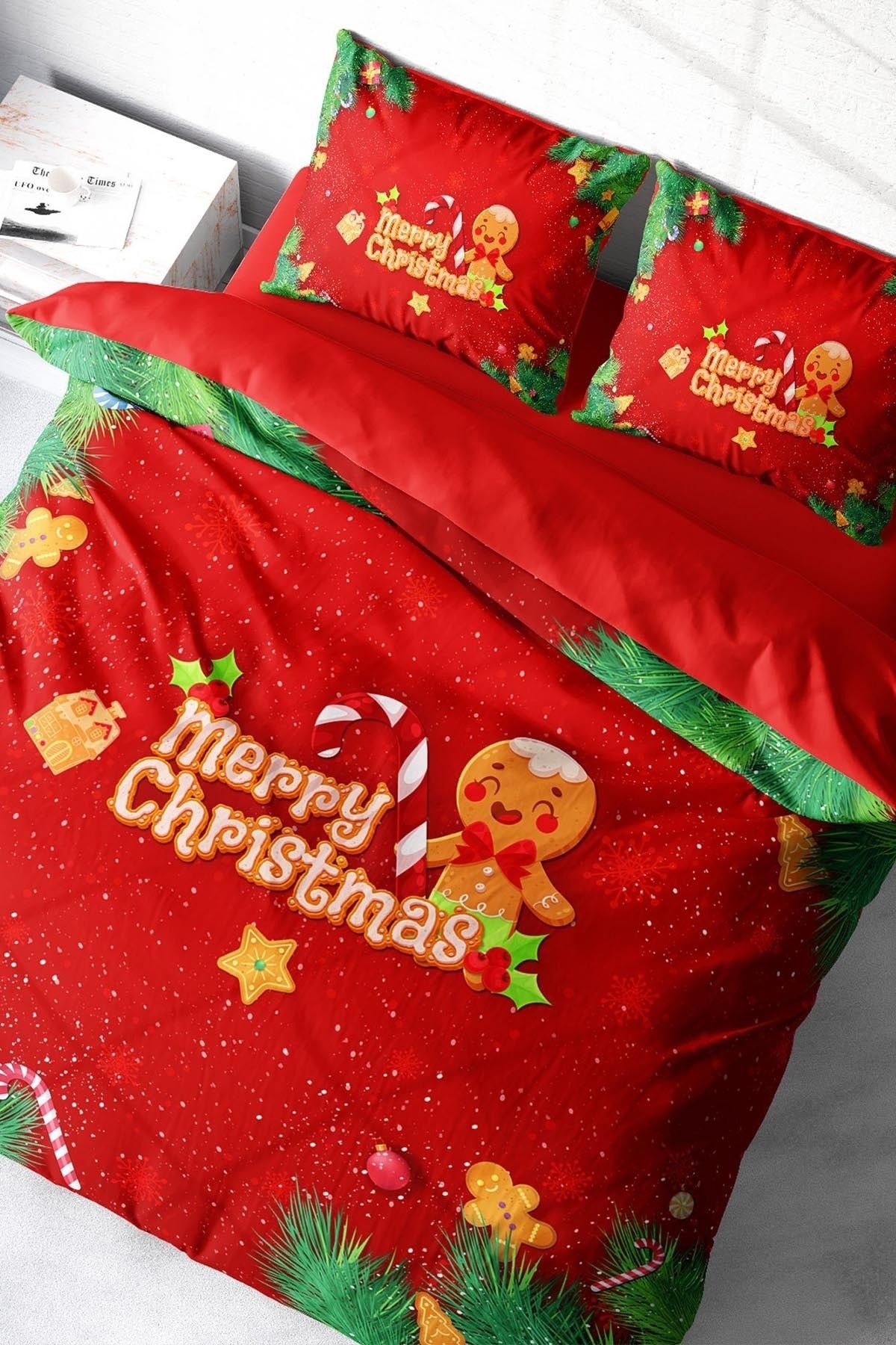 Yılbaşı Süsü Merry Christmas Çift Kişilik 3D Nevresim Takımı Pamuk Saten Cookie