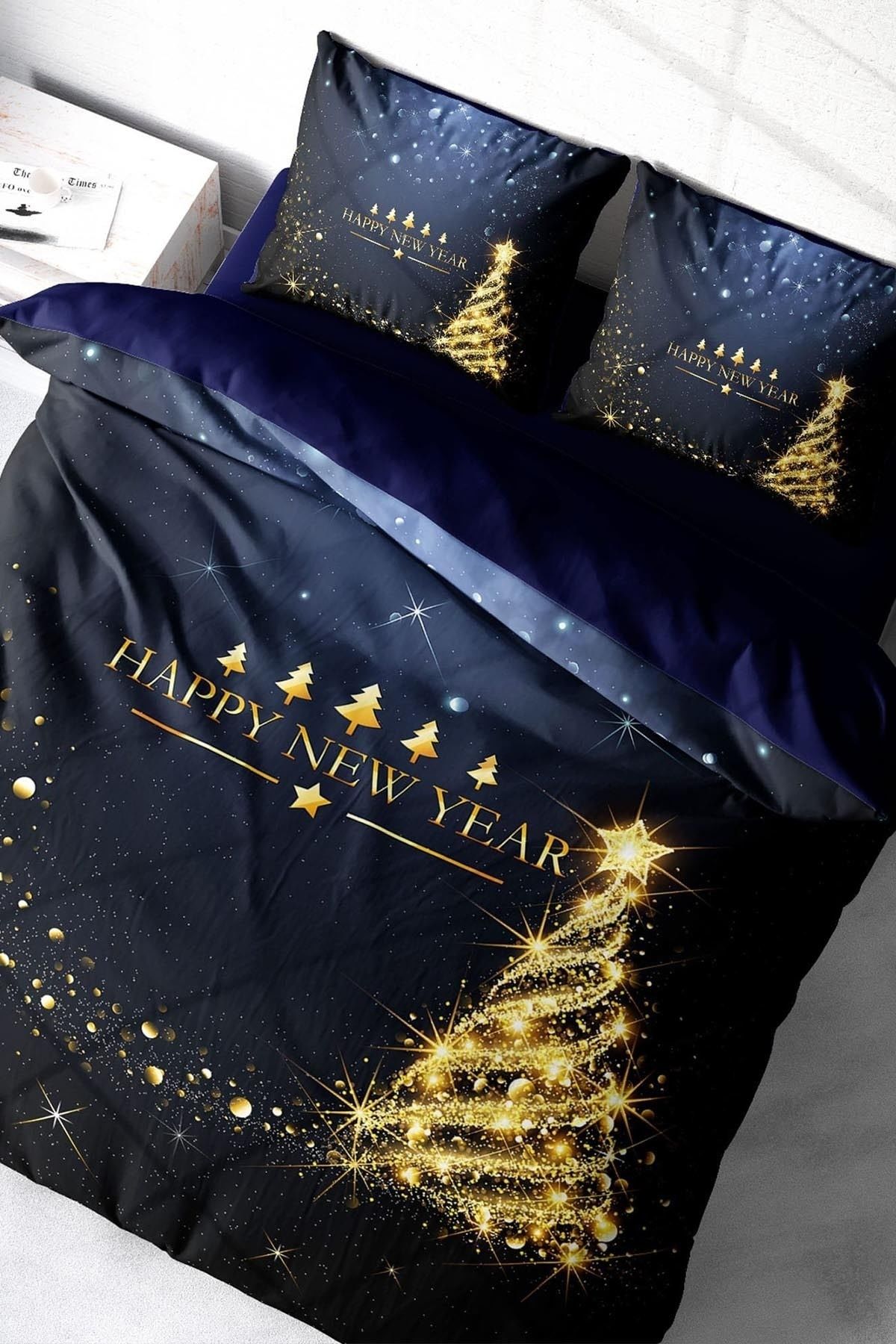 Yılbaşı Süsü Merry Christmas Çift Kişilik 3D Nevresim Takımı Pamuk Christmas Tree