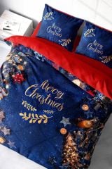 Yılbaşı Süsü Merry Christmas Çift Kişilik 3D Nevresim Takımı Pamuk Saten Blue
